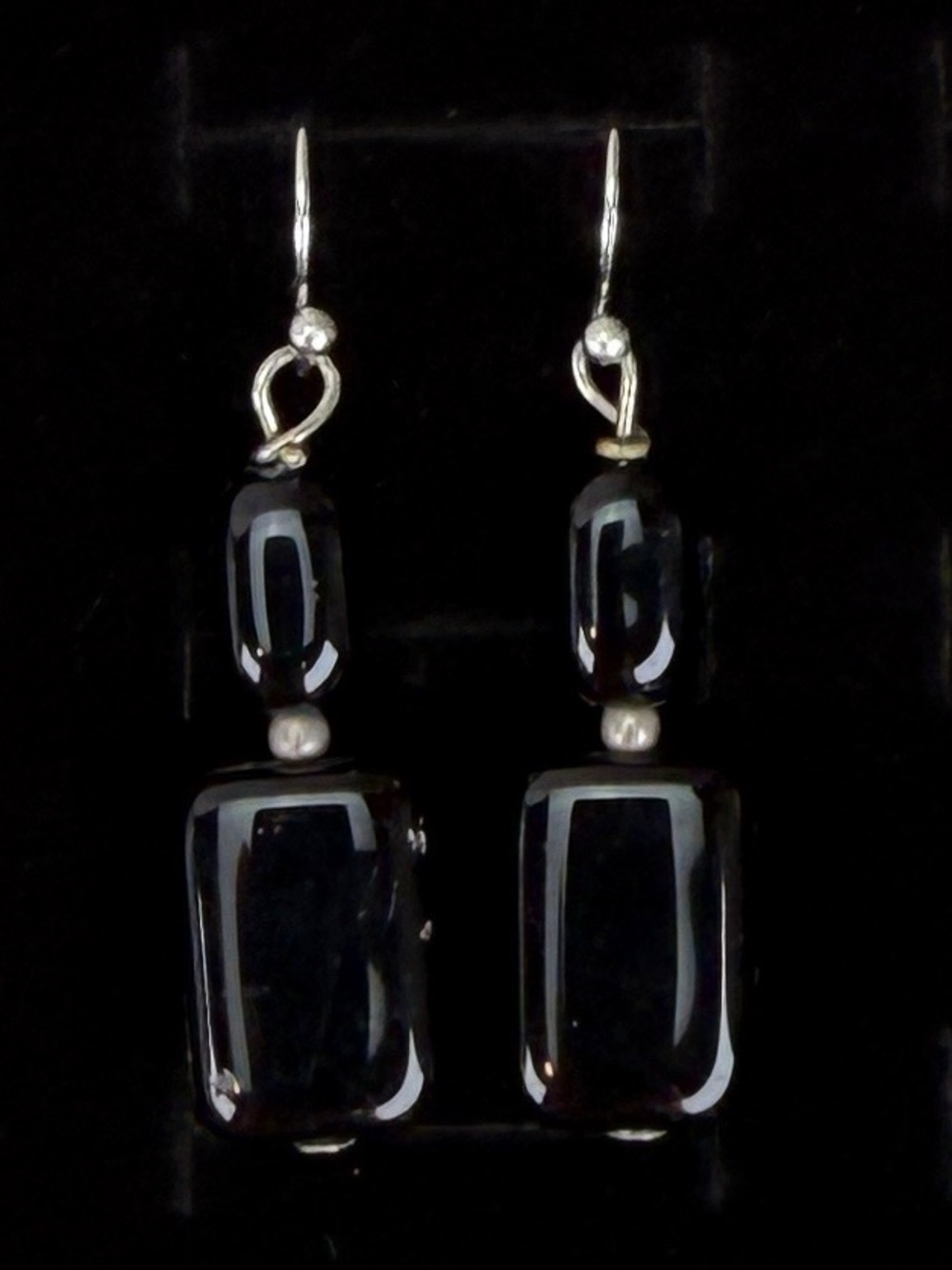 Gorgeous, vintage silvertone, black weighted pierced Bohemian chic earrings